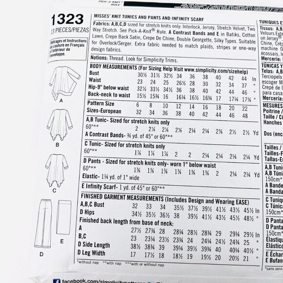UNCUT Simplicity #1323 Tops Tunics Pants Scarf Sewing Pattern Size 14-22 🧵❤🖤 - Picture 2 of 3